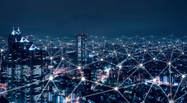城市以上電信網路、智慧電網無線移動互聯網技術或 5g lte 資料連線、物聯網概念、全球業務、金融科技、區塊鏈 - 智能城市 個照片及圖片檔